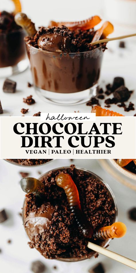 Pudding Dirt Cups, Pudding Dirt, Dirt Cups Dessert, Dirt Cups Recipe, Chocolate Dirt, Dairy Free Pudding, Dirt Dessert, Vegan Halloween Food, Feasting On Fruit