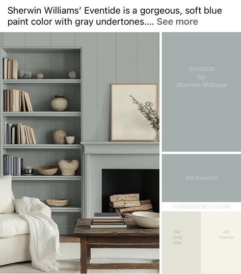 Sherwin Williams Eventide, French Transitional Home, Soft Blue Paint Colors, Soft Blue Paint, Powder Room Redo, French Transitional, Warm Grey Paint Colors, Blue Paint Color, Popular Paint Colors