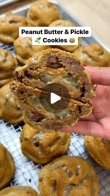 foodbeast on Instagram: "We made our own PICKLE COOKIE 🥒🍪 @stuffedcookies gave us the keys to their factory so we got some @kaylinandkaylin pickles and created our own Peanut Butter Pickle Cookies!  Vanilla brown butter pickle brine dough, peanut butter and chocolate chips, crunchy pickles in the center w/a hot honey peanut butter blondie, and topped with a pickle infused salt. 👌🏼  Available in limited quantities online over the weekend, shipping out next week! 💪🏼" Pickle Cookies, Peanut Butter Blondie, Pickle Sandwich, Crunchy Pickles, Peanut Butter And Chocolate Chips, Pickle Brine, Honey Peanut Butter, Infused Salt, Sugar Cookies Royal Icing