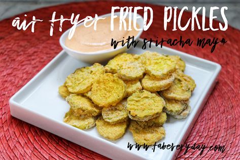 Air fryer fried pickles with sriracha mayo recipe! These are a great lighter alternative to regular fried pickles. Click or visit FabEveryday.com for the easy recipe and cooking tips. Pin this one to your air fryer recipe board! #airfryer #recipe #easyrecipe #dillpicklechips #cookinglight #healthycooking #sidedish #sriracha Air Fryer Fried Pickles, Fried Pickle Chips, Deep Fried Pickles, Fried Pickles Recipe, Dill Pickle Slices, Dill Pickle Chips, Pickle Chips, Pickle Slices, Fried Pickles