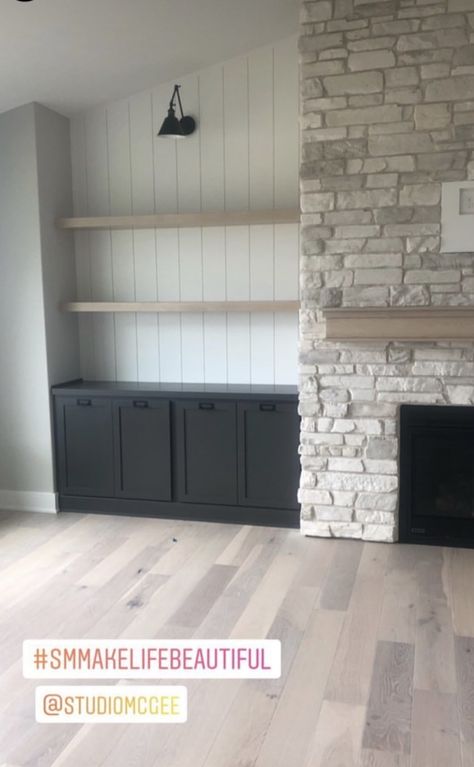 Cabinets For Sides Of Fireplace, Electric Fireplace Cabinets On Each Side, Popular Fireplace Ideas, Built In Shelves Living Room Fireplace Angled Ceiling, Fireplace Mantle Vaulted Ceiling, Fo Fireplace, Sides Of Fireplace Decor, Storage Around Fireplace, Vaulted Fireplace Wall