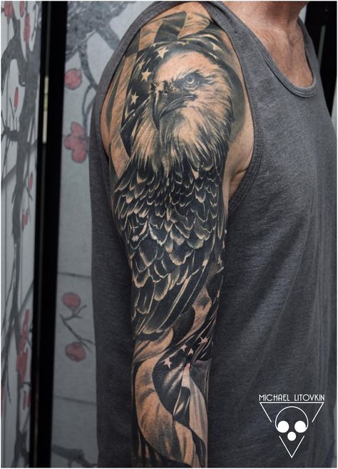 Patriotic Sleeve Tattoos For Guys, Eagle Tattoo Arm, American Flag Sleeve Tattoo, Cross Shoulder Tattoos, Aj Tattoo, Adam Tattoo, Marine Tattoo, Wing Tattoo Men, Sleeve Tattoos For Guys