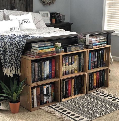 Photo shared by Bookstagram Feature Account 📚 on March 21, 2022 tagging @decorating.reader. May be an image of bedroom and living room. Bed Bookshelves, Crate Bookshelves, Upcycled Bookshelf, Bookworm Bedroom, Diy Bookshelves, Crate Bookshelf, Diy Home Furniture, Room Makeover Inspiration, Cozy Room