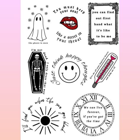 MCR my chemical romance tattoos flash sheet Mcr Tattoo Flash, Mcr Matching Tattoos, 5sos Tattoo Ideas Design, Simple Mcr Tattoo, Pop Punk Tattoo Ideas, Mcr Doodles, Gerard Way Tattoo, Tattoos Flash Sheet, Mcr Tattoo Ideas