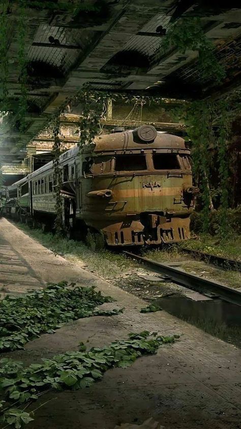 Apocalypse Aesthetic, Abandoned Train, 판타지 아트, Abandoned Buildings, Abandoned Houses, Nature Aesthetic, End Of The World, Pretty Places, Green Aesthetic