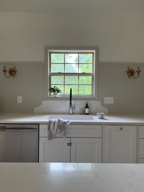 Kitchen Panel Backsplash, Kitchen Sink Not In Front Of Window, Tile And Beadboard Backsplash, Wainscotting Backsplash Kitchen, Beadboard Backsplash Open Shelving, Kitchens With Beadboard Backsplash, Stained Beadboard Backsplash, Cottage Tile Backsplash, Backsplash With No Upper Cabinets