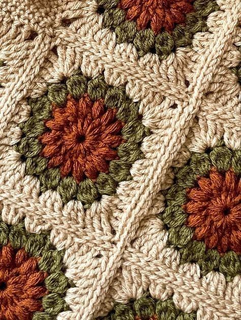 Crochet Bags For Fall, Beige Granny Square, Granny Square Blanket 3 Colors, Beige Granny Square Blanket, Fall Color Granny Squares, Granny Square Crochet Pattern 3 Color, Green And Beige Crochet Blanket, Granny Flower Square Crochet Pattern, Olive Green Crochet Blanket