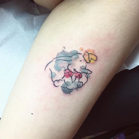 Dumbo Watercolor Tattoo, Disney Dumbo Tattoo, Tiny Disney Tattoo, Dumbo Tattoo, Tiny Elephant Tattoo, Disney Inspired Tattoos, Disney Sleeve Tattoos, Horror Cartoon, Elephant Tattoo Design