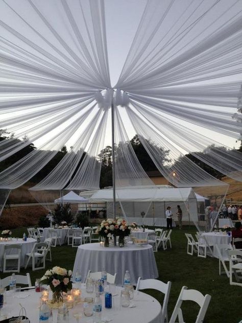 Waynes's wedding tent homemade Wedding Roof Decoration, Diy Wedding Tent, Party Rentals Business, Roof Decoration, Beach Wedding Tables, Backyard Graduation Party, Wedding Canopy, Homemade Wedding, Tent Decorations