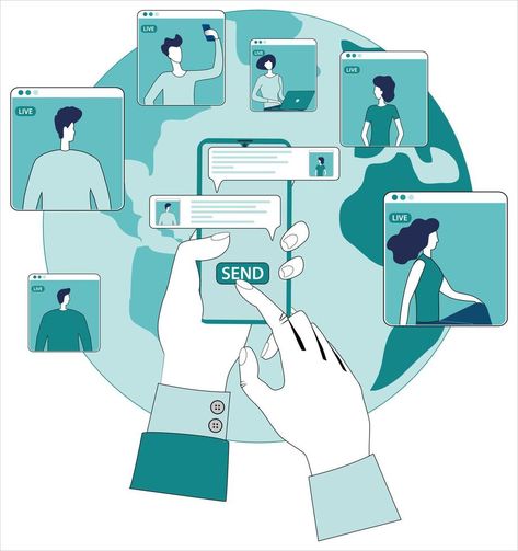 Online communication of people using a smartphone.Teleconferencing, remote work, freelancing, and online education.People on the background of the globe.Flat vector illustration. Digital Literacy Illustration, Smartphone Illustration, Communication Illustration, Internet Scams, Online Communication, Digital Citizenship, Flat Vector Illustration, Powerpoint Themes, Flat Vector