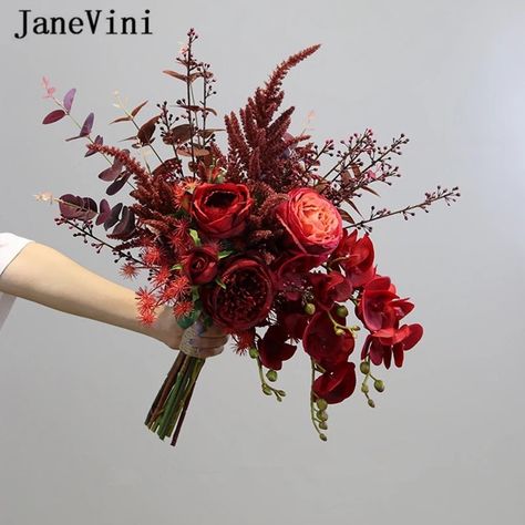 Wedding Bouquets Maroon, Autumn Wedding Bouquet, Orchids And Roses, Red Eucalyptus, Christmas Wedding Flowers, Chrysanthemum Bouquet, Silk Flower Wedding Bouquet, Small Wedding Bouquets, Fall Wedding Bouquet