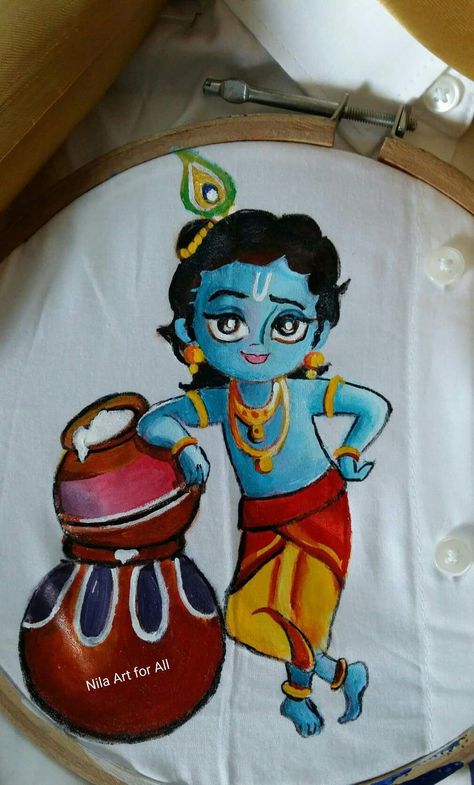 Ganpati Fabric Painting, Krishna Rangoli Designs Creativity, Krishna Fabric Painting, Krishna Embroidery, Fabric Paint Shirt, Cloth Painting, Hand Art Kids, Easy Rangoli Designs Videos, Saree Painting Designs