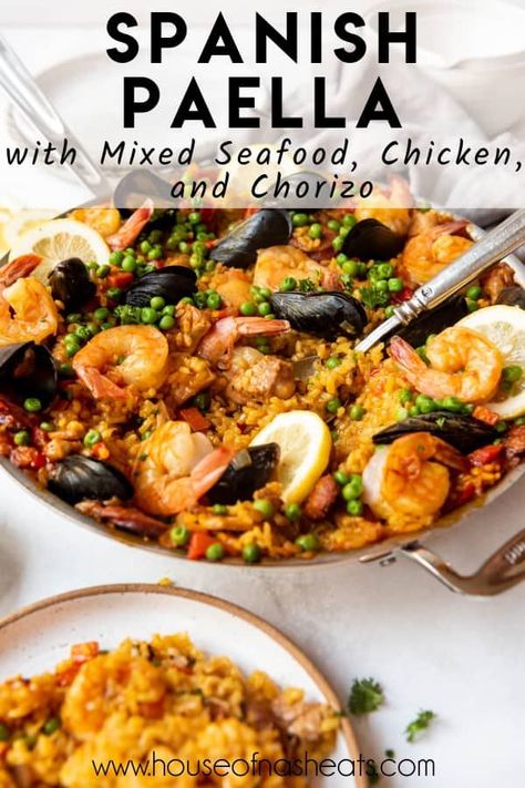 This delicious Spanish Paella recipe is a wonderful dish made with bomba rice, savory veggies and spices, and plenty of protein in the form of chicken, sausage, and mixed seafood. The best part is you can customize it according to your own personal preference or what you have on hand! | spanish paella recipe authentic | spanish paella recipe seafood | spanish paella recipe authentic chicken | spanish paella recipe authentic seafood | homemade paella recipe | homemade seafood paella Pialla Recipes Seafood, Piaya Recipe Dinners, Paella Recipe Authentic, Authentic Spanish Paella, Easy Seafood Paella Recipe, Chicken And Seafood Paella Recipe, Seafood And Chorizo Paella, Sea Food Paella Recipe, Spanish Paella Recipe