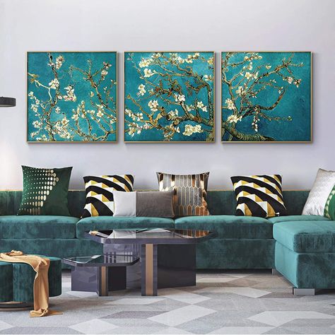 Impressionist Flowers, 3 Panel Wall Art, Van Gogh Almond Blossom, Teal Walls, Flowers Canvas, Almond Blossom, Van Gogh Paintings, Room Color Schemes, Living Room Canvas