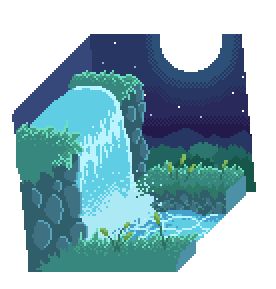 Waterfall Animation, Pixel Art Scenery, Waterfall At Night, Animated Pixel Art, Art Scenery, Water Fall, Art Water, At Night, Pixel Art