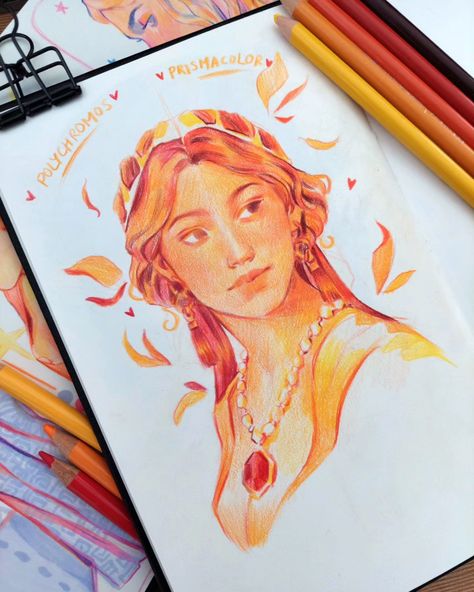 Let me show you a very special drawing 💫 I recently got a new set of colored pencils, that has been so amazing to use! Prismacolor might just be my new favorite brand to use in my work, but I wanted to compare it with my also great set of Faber-Castell Polychromos 🧡 it has been amazing to use them both and I am so grateful that I am even able to try them! This was such a fun experiment, it took about an hour to finish, and honestly they're both amazing! 👉 Wanna see the process behind this ... Art Using Colored Pencils, Coloring Traditional Art, Drawings Using Colored Pencils, Color Pencils Ideas, Sketch Color Drawings, Prismacolor Pencils Drawing, Luminance Colored Pencils, Carolemellow Art, Color Pencil Drawing Ideas Creative