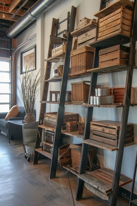 13 Stylish Rustic Home Decor Ideas For A Cozy Space - DreamyHomeStyle Rustic Wood Bookshelf, Rustic Shelf Styling, Industrial Shelf Decor, Shelf Display Ideas, Antique Display Ideas, Rustic Ladder Shelf, Farmhouse Bookshelf, Rustic Home Decor Ideas, Industrial Shelf