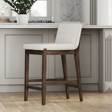 Gracie Modern Bar Stool, Boucle Upholstered Chair and Brushed Wooden Legs - On Sale - Bed Bath & Beyond - 36830246 Bar Stool With Back, Farmhouse Bar Stools, Stool With Back, Nathan James, Modern Counter Stools, Stools For Kitchen Island, Wooden Bar Stools, Wooden Counter, Bar Stools With Backs