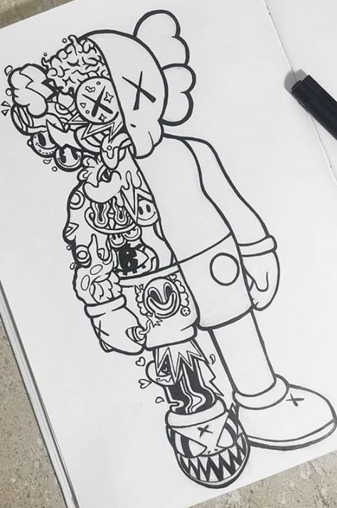 First Page In Sketchbook, Kaws Tattoo Design, Sketches Ideas Aesthetic, Kaws Drawing Easy, Easy Graffiti Art, Cool Cartoon Art, Drawing Sketches Ideas, Graffiti Characters Sketches, Graffiti Drawing Sketches