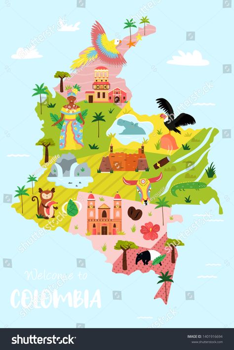 Colombia Symbols, Map Of Colombia, Colombia Map, Colombian Culture, Colombian Art, Highlights Instagram, Paper Flowers Craft, Illustrated Map, Travel Guides