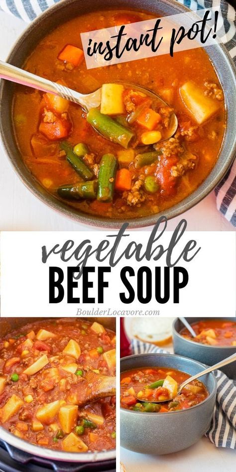 Hearty Vegetable Beef Soup is full of ground beef, potatoes, vegetables in a rich broth. It's satisfying comfort food in an easy recipe! Instant Pot and stove top instructions. #soup #instantpot #easyrecipe Ground Beef Potatoes, Potatoes Vegetables, Beef Potatoes, Recipe Instant Pot, Beef Soup Recipes, Soup With Ground Beef, Pot Recipes Easy, Instant Pot Soup Recipes, Vegetable Beef Soup