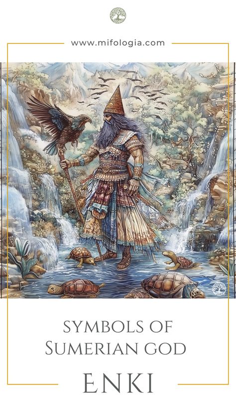 Behold Enki, the Sumerian god of freshwater and wisdom, holding a sacred eagle as life-giving streams flow around him. In this lush, mystical landscape, Enki embodies fertility, knowledge, and the balance of nature. Explore the rich symbolism and ancient power he holds.   🌿🦅   #Enki #SumerianMythology #GodOfFreshwater #AncientWisdom #MysticalLandscapes #MythologyExplorers #FertilityAndLife #SacredSymbols #MifologiaMystery #AncientGods #SumerianTales Ancient Sumerian Symbols, Ancient Sumerian Civilization, Enki God, Ancient Symbols Of Power, Religions Of The World, God Of Knowledge, Ancient Sumer, Balance Of Nature, God Of Wisdom