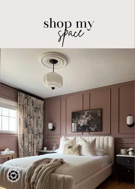 Tap to shop my moody mauve transitional organic modern guest bedroom. Small space living! Moody Paint Bedroom, Bedroom Decor Mauve, Mauve Moody Bedroom, Peaceful Primary Bedroom, Dusty Rose Guest Bedroom, Mauve Bedroom Ideas Modern, Mauve And Taupe Bedroom, Relaxing Moody Bedroom, Moody Relaxing Bedroom