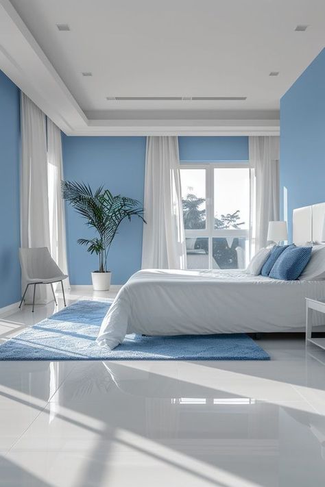 29 Minimal Blue Bedroom Ideas 22 Sky Blue Room Ideas, Sky Blue Bedroom Ideas, Sky Blue Room Ideas Bedroom, Beach Dates, Villa Decor, Blue Bedroom Ideas, Peaceful Bedroom, Minimal Bedroom, Boho Style Bedroom