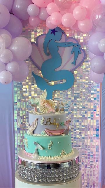 Ariel Baby Shower Theme, Mermaid Theme Baby Shower Ideas, Little Mermaid Baby Shower Theme, Little Mermaid Baby Shower Ideas, Under The Sea Baby Shower Ideas, Mermaid Baby Shower Ideas, Mermaid Babyshower, Mermaid Baby Shower Cake, Mermaid Baby Shower Decorations