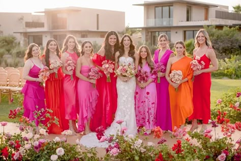 Summertime Bridesmaid Dresses, Bright Color Bridesmaid Dresses, Bright Colors Wedding, Bright Bridesmaid Dresses, Pink And Orange Wedding, Orange And Pink Wedding, Flora Farms, Orange Bridesmaid, Orange Bridesmaid Dresses