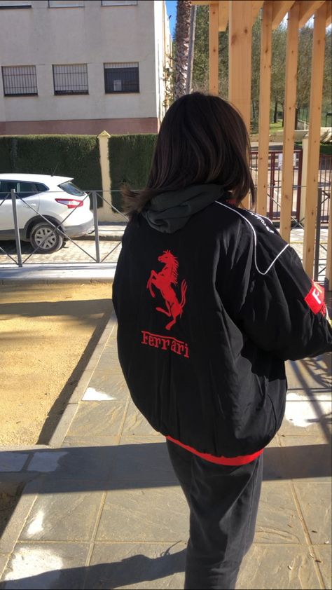 Ferrari Jacket Outfit, Nike Windbreaker Outfit, Ferrari Hoodie, Red Hoodie Outfit, F1 Jacket, Vintage Racing Jacket, Ferrari Jacket, Race Outfit, Jacket Outfit Women