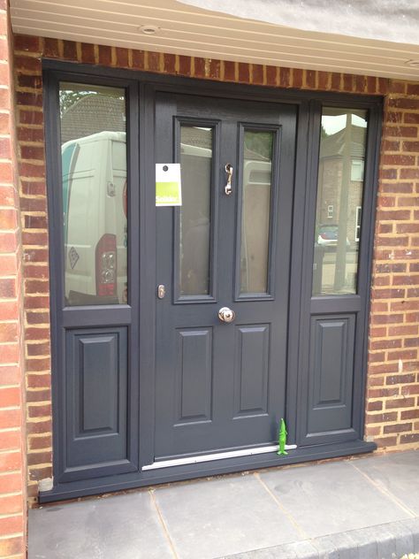 Stunning Ludlow 2 in Anthracite grey and matching sidelights fitted in Hertford  by Rock Solid Doors Grey Porch Ideas, Anthracite Front Door, Solidor Ludlow Anthracite Grey, Anthracite Grey Front Door, Grey Upvc Front Door, Gray Front Door, Solidor Door, Grey Front Door, Front Door With Sidelights