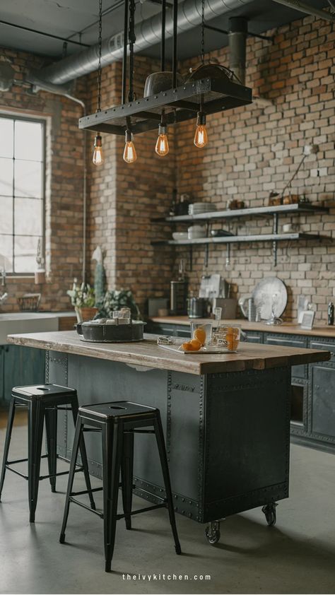 Industrial-style kitchen with brick walls, a wooden island, pendant lights, and bar stools. Metal Island Kitchen, Seating For Small Spaces, Kitchen Island Designs With Seating, Island Ideas With Seating, Steel Kitchen Island, Kitchen Island Ideas With Seating, Long Kitchen Island, Kitchen Islands With Seating, Islands With Seating