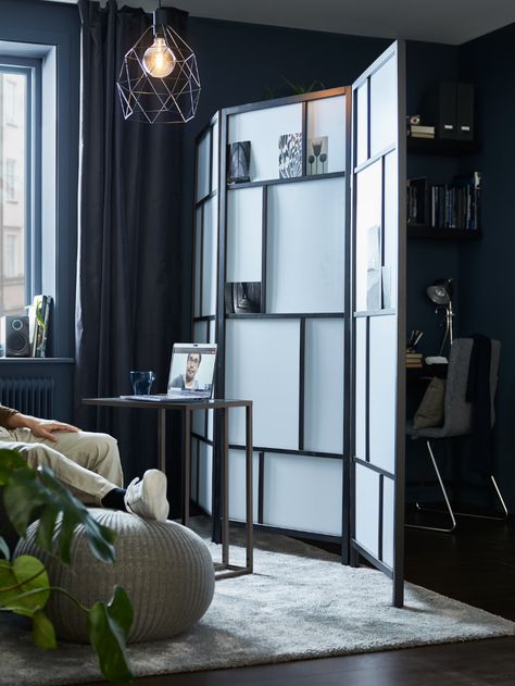 Double your space with a room divider - IKEA Ikea Room Divider, Ikea Showroom, Ikea Room, Block Out Curtains, Ikea Italia, Room Divider Ideas, Divider Ideas, Home Workspace, Thick Curtains