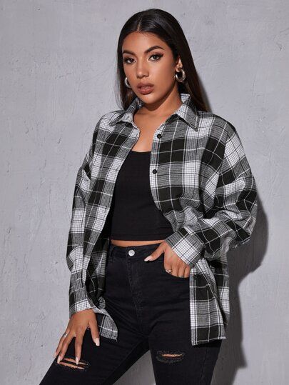 Tomgirl Outfits, Checked Shirt Outfit, Black Check Shirt, Drop Shoulder Coat, Denim Skirt Women, Oversized Blouse, Plaid Blouse, Women Blouses, Collar Shirt