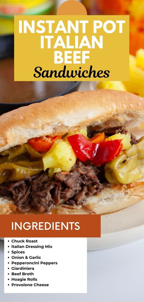 shredded Italian beef on a hoagie roll with giardiniera and au jus. Chicago Beef Sandwich Recipe, Chicago Beef Sandwich, Instant Pot Italian Beef, Chicago Beef, Chicago Italian Beef, Instant Pot Italian, Italian Beef Recipes, Shredded Beef Recipes, Beef Sandwich Recipes