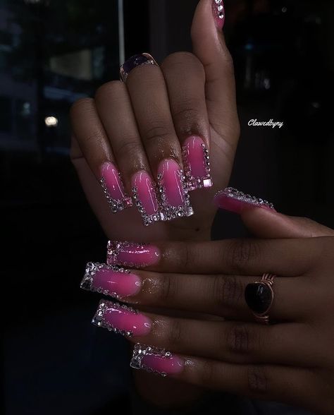 Pink Powder Nails, Pink Acrylic Powder, Unique Acrylic Nail Designs, Long Square Nails, Amazing Nails, Fancy Nails Designs, Drip Nails, Grunge Nails, Glow Nails