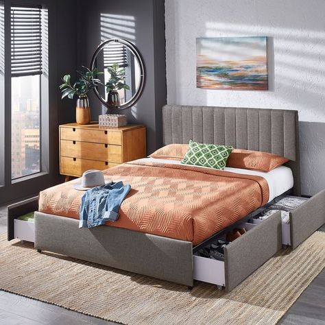 Shop Arlert Grey Linen Storage Platform Bed with Channel Headboard by iNSPIRE Q Modern - Overstock - 31661656 - Queen Modern Storage Beds, Upholstered Bed With Storage, Contemporary Platform Bed, Storage Bed Queen, Platform Bed With Drawers, Small Bedroom Storage, Bed Frame With Drawers, Storage Platform Bed, Storage Platform