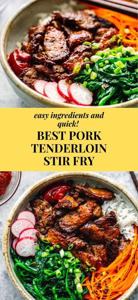 Best Pork Tenderloin Stir Fry (Asian Bowl) | Posh Journal! Amazing flavor, quick, affordable!!! Can't go wrong with this meal! #asianrecipes #porkrecipes #porktenderloin #porktenderloinrecipes #stirfry #asianbowl Best Pork Tenderloin, Easy Pork Tenderloin Recipes, Asian Pork Tenderloin, Asian Bowl, Easy Pork Tenderloin, Pork Stir Fry Recipes, Asian Bowls, Recipe Cheesecake, Pork Sauce