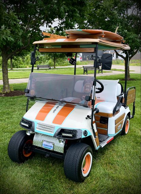 Custom Painted Golf Carts, Ezgo Golf Cart Ideas, Golf Cart Remodel, Golf Cart Paint Ideas, Natural Wood Accents, House Community, Ezgo Golf Cart, Custom Golf Carts, Cart Ideas