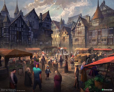 ArtStation - Tudor town square, Ferdinand Ladera Fantasy City Art, Fantasy Village, Medieval Market, Fantasy Town, Minecraft City, Fantasy Background, Rpg Map, Medieval World, Environment Art