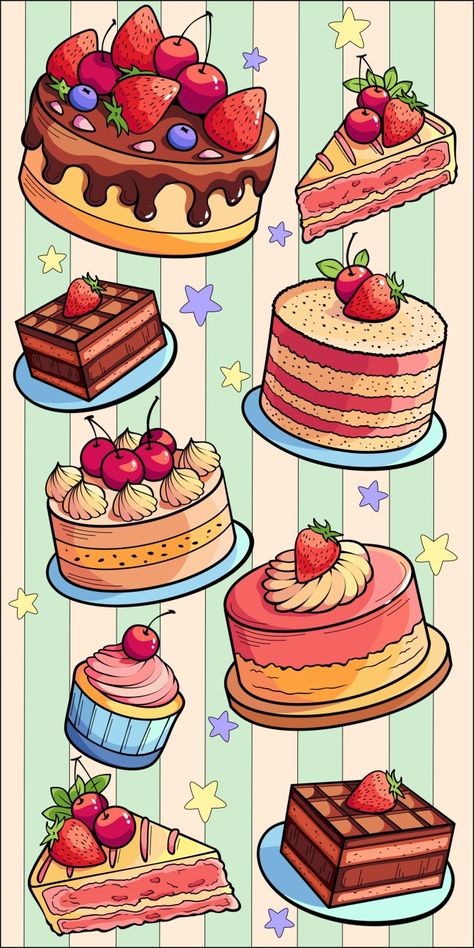 Cute Baking Wallpaper, Crochet Bakery, Bakery Cartoon, Dessert Background, Baking Wallpaper, Cute Food Wallpaper, Desserts Drawing, Paper Doll Printable Templates, Sticker Design Inspiration