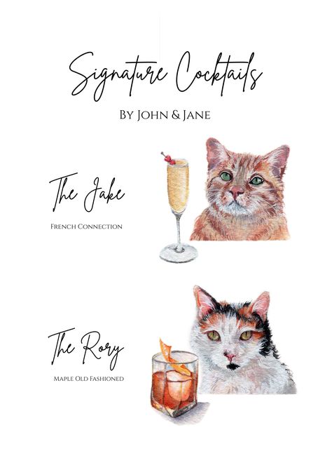 Sample custom watercolor signature drink menu for a wedding bar featuring his and hers drinks and the couple's two cats. Cat Cocktail, Signature Drink Menu, Wedding Signature Drinks, Cat Wedding, Two Cats, Cocktail Menu, Wedding Cocktail, Drink Menu, Signature Drinks