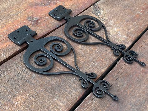 Hinges, strap hinge, viking, gate hinge, Christmas, birthday, door handle, medieval, antique, anniversary, door, DIY, hardware, iron gift Are you looking for unusual hinges?  Here is a set of two functional door/gate hinges made in the technique of the artistic forging.    Size (of a hinge part which goes on a door):  length: 20 cm (7.88") height: 10.5 cm (4.14") Colour: black. The listing price is given for a set of two hinges, no screws go.  Colors may vary slightly from screen to screen. Ther Antique Hinges Hardware, Iron Door Hinges, Hinges Diy, Hand Forged Cabinet Hardware, Hand Forged Cabinet Handles, Hand Forged Door Hinges, Birthday Door, Front Door Hardware, Iron Hinges