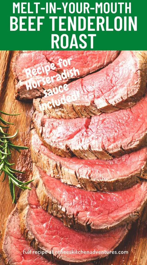 Melt-in-your-mouth Beef Tenderloin Roast by Renee's Kitchen Adventures is an easy to prepare special occasion roast perfect for a holiday meal. People are raving about this easy roast that comes out so tender. Tenderloin Recipes Oven, Beef Food Recipes, Beef Tenderloin Roast Recipes, Roasted Beef Tenderloin, Best Dinners, Beef Tenderloin Recipe, Whole Beef Tenderloin, Easy Roast, Beef Tenderloin Recipes