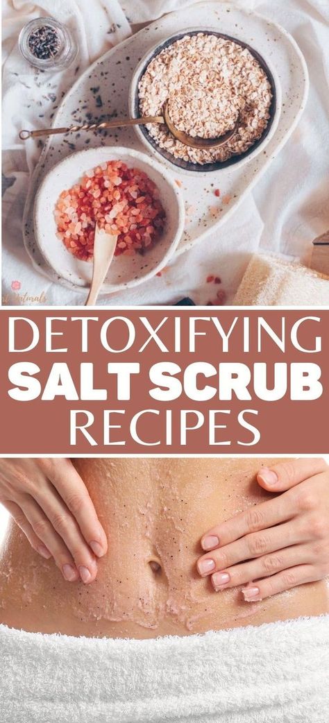 Exfoliate your skin and detox  in your bath with one of these 5 DIY Salt Scrub Recipes with essential oils .  Use a Homemade salt scrub in your self care routine to detox your body, relieve inflammation and sore muscles, and de-stress.  The essential oils add extra health benefits and can help get your skin smooth, glowing, and gorgeous.  Epsom Salt Scrubs are healthier than sugar scrubs because they help to draw toxins out of the body, fight inflammation, and more.  Sugar scrubs only exfoliate. Exfoliating Body Scrub Diy, Diy Salt Scrub Recipe, Homemade Salt Scrub, Body Scrub Homemade Recipes, Epsom Salt Scrub, Salt Scrub Diy, Salt Scrub Recipe, Diy Body Scrub Recipes, Salt Scrubs