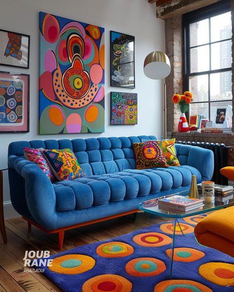 Pop Art Living Room Ideas, Pop Art Interior Design, Pop Art Living Room, Best Greige Paint, Best Greige, Blue Sofa Living, Colorful Couch, Vibrant Rug, Diy Moss