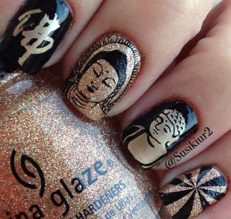 gold and black nail stamping, Buddha Ganesha Nail Art, Mahadev Nail Art Designs, Shiva Nail Art, Shiv Nail Art Design, Buddha Nails, Buddah Nails Art, Nail Stamping, Black Nails, Class Ring