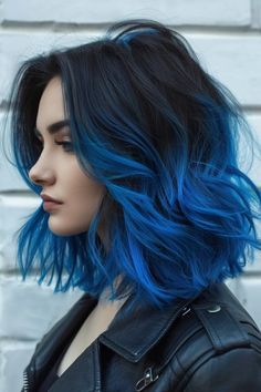 Bubblegum Blue Hair, Brown To Blue Ombre Hair Short, Blue Hair Medium Length, Blue Hair Color Ideas For Short Hair, Black Hair With Blue Roots, Blue Hair Dark Roots, Blue Hair Ends, Black And Blue Hair Ideas, Short Dyed Hair Inspiration