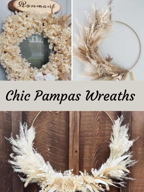 31 Chic Pampas Wreath + Simple DIY - Pink Pop Design Wreaths With Pampas, Diy Pampas Wreath, Pampas Grass Christmas Wreath, Pampas Grass Wreath Diy, Christmas Pampas, Pampas Grass Diy, Boho Floral Decor, Pampas Wreath, Pampas Grass Wreath